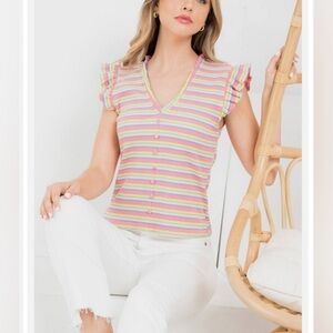 THML Rainbow Stripe Ruffle Top Knit Sweater Vest Y2K Clown Victorian Boho Artsy
